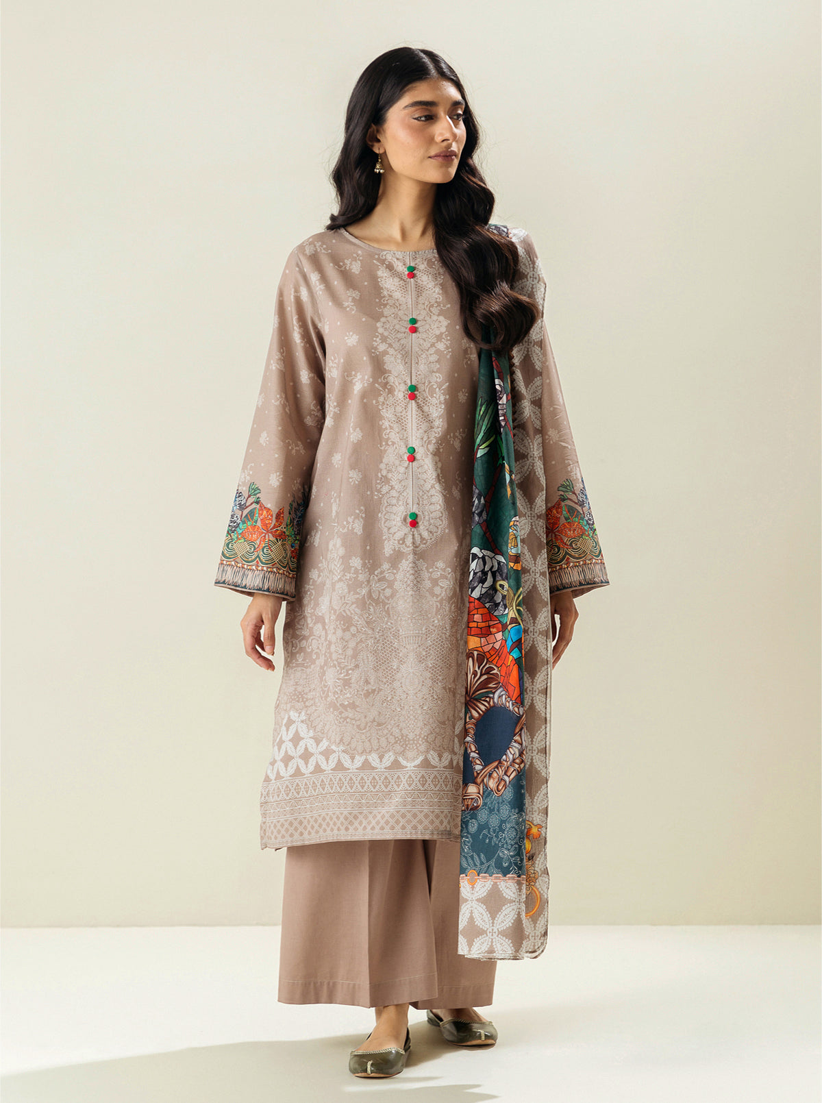 3 Piece - Printed Lawn Suit - Neoclassical Creme