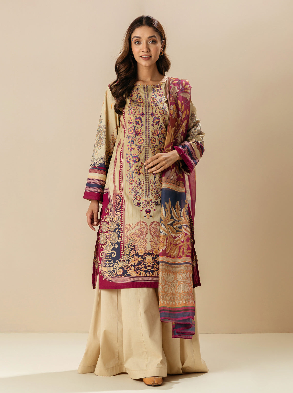 3 Piece - Embroiderd Lawn Suit - Apricot Daydream