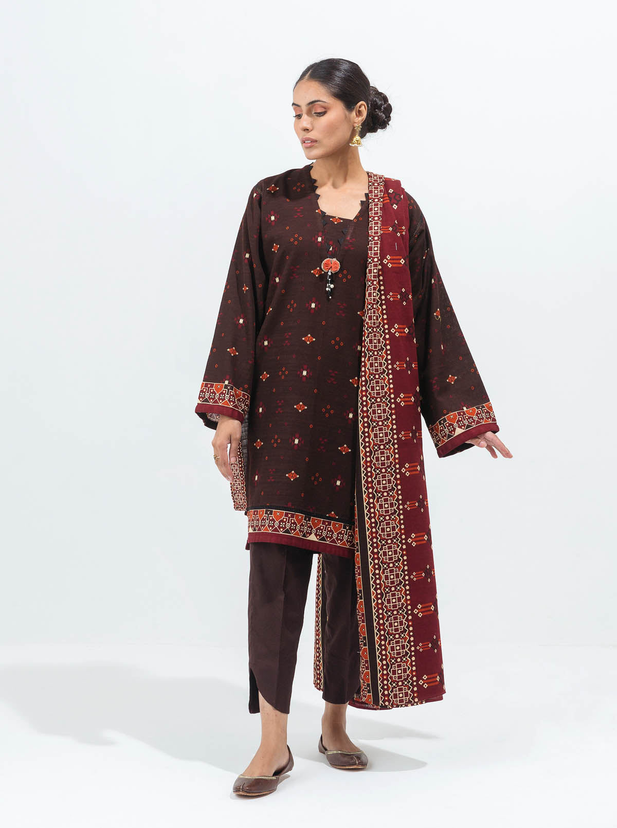 3 Piece - Printed Khaddar Suit - Dusky Brown