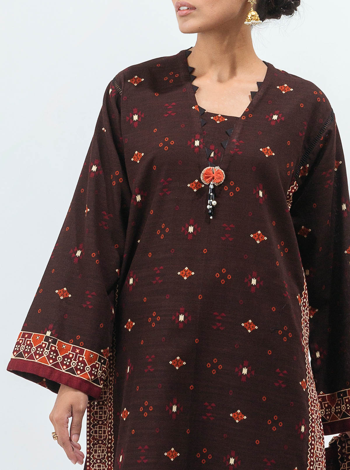 3 Piece - Printed Khaddar Suit - Dusky Brown