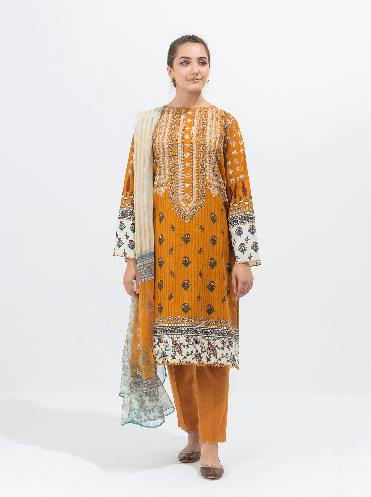 3 Piece - Printed Khaddar Suit - Ochre Gold