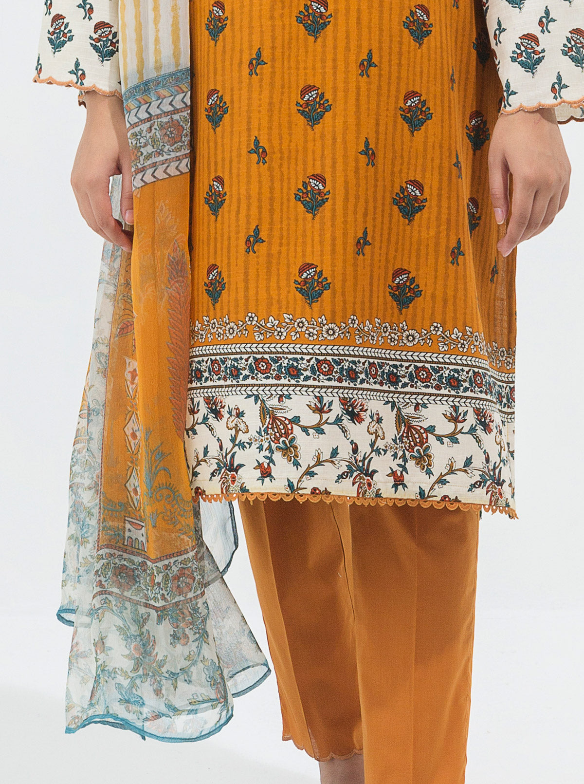 3 Piece - Printed Khaddar Suit - Ochre Gold