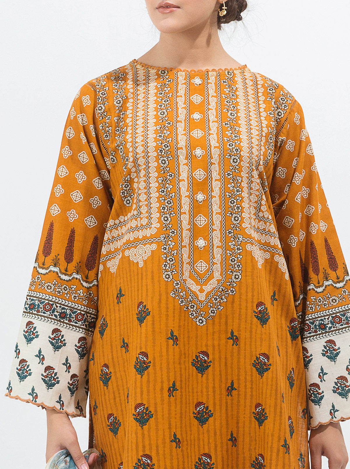 3 Piece - Printed Khaddar Suit - Ochre Gold