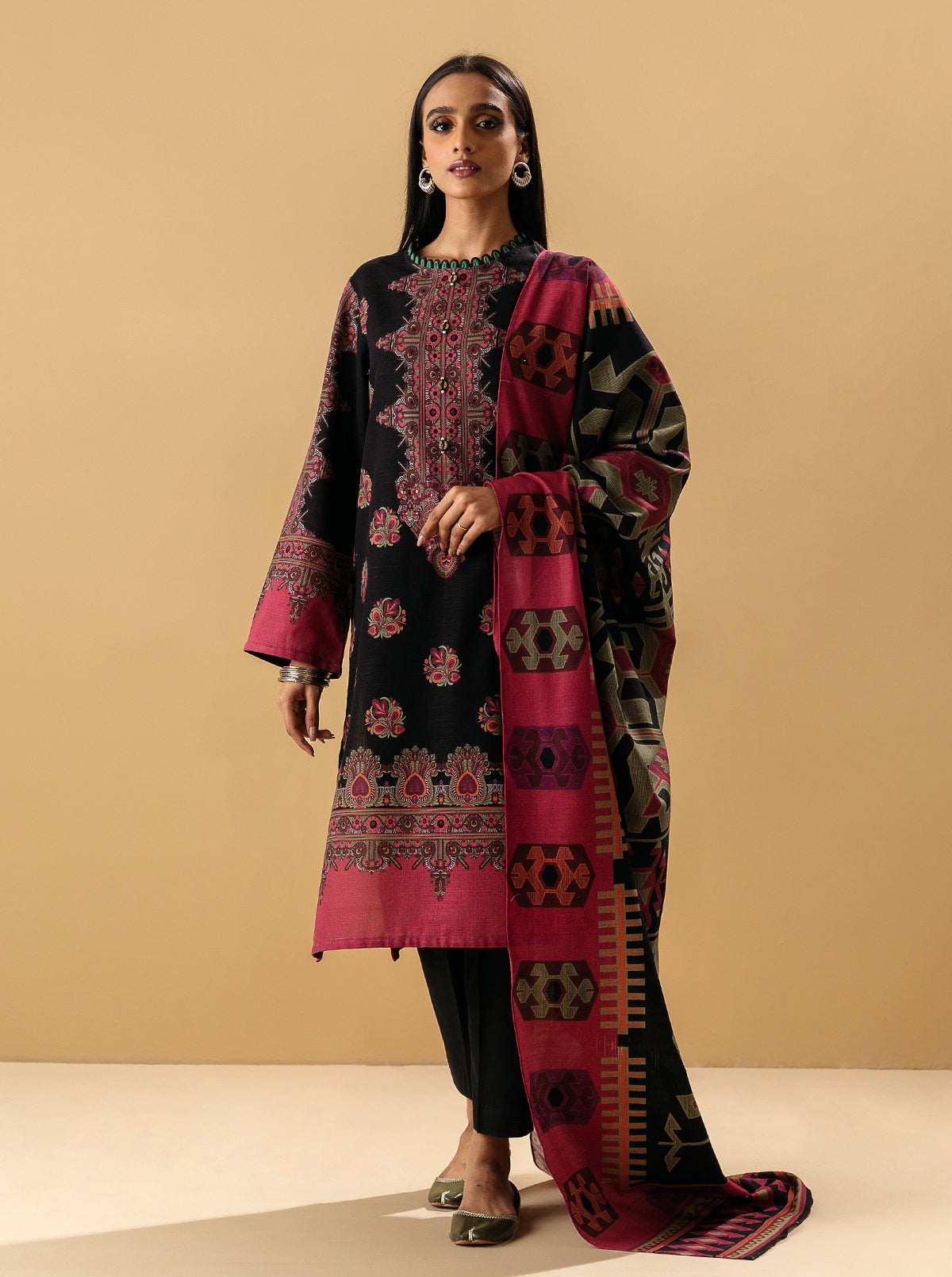 2 Piece - Printed Khaddar Suit - Mokash Black