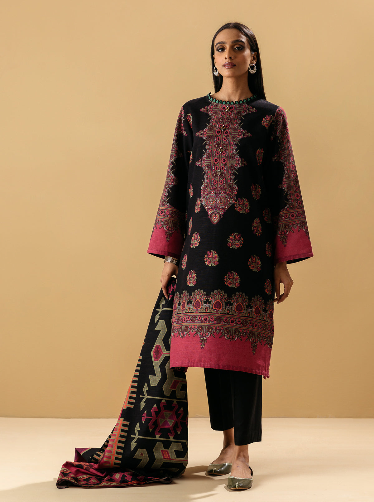 2 Piece - Printed Khaddar Suit - Mokash Black