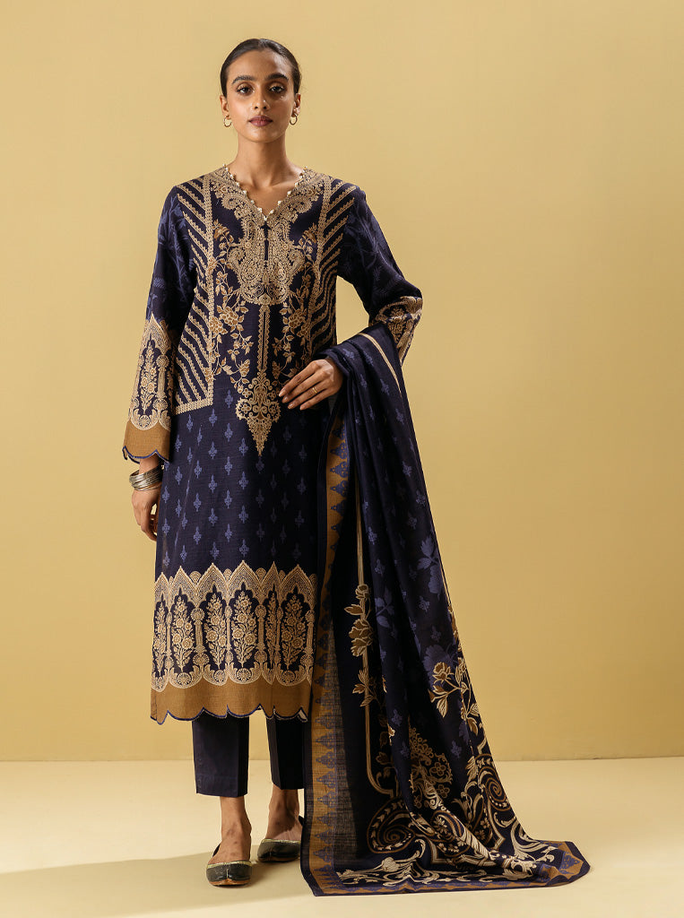 3 Piece - Printed Khaddar Suit - Prvssian Jeevel