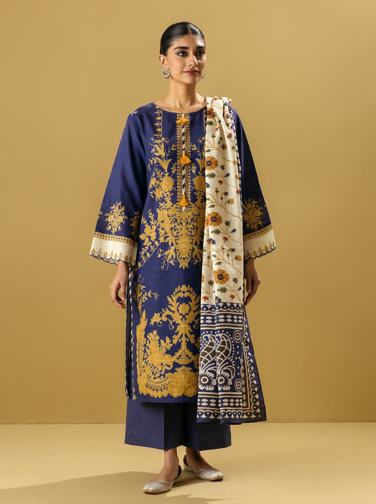 3 Piece - Printed Khaddar Suit - Blue Onyx