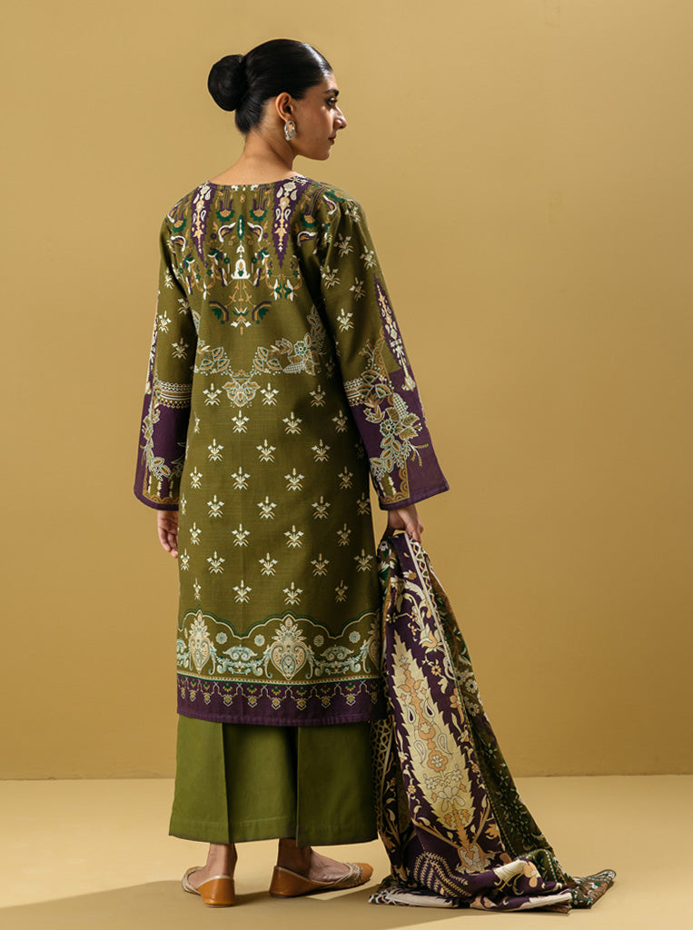 3 Piece - Printed Khaddar Suit - Ridi Olive