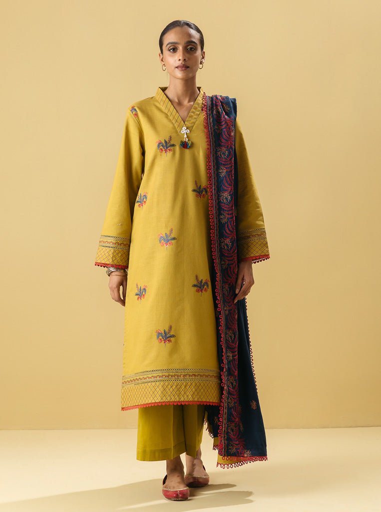 3 Piece - Embroidered With Shawl Khaddar Suit - Marigold Charm