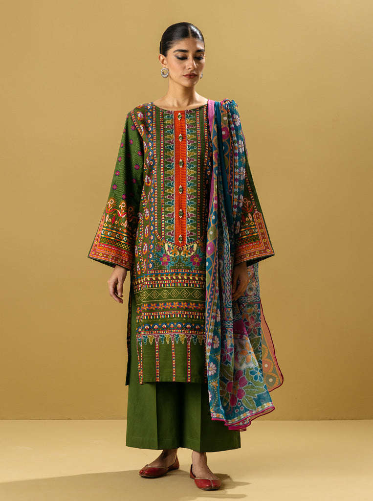 3 Piece - Printed Khaddar Suit - Tropical Fawn