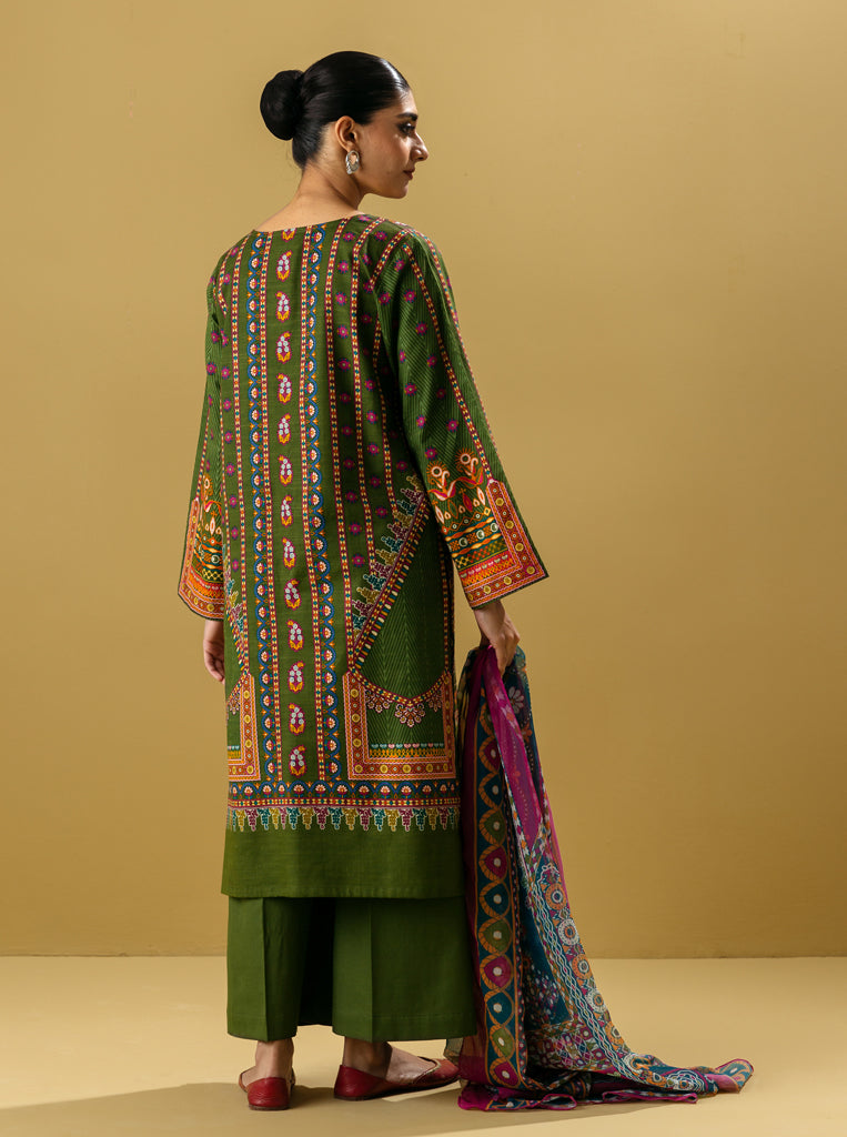 3 Piece - Printed Khaddar Suit - Tropical Fawn