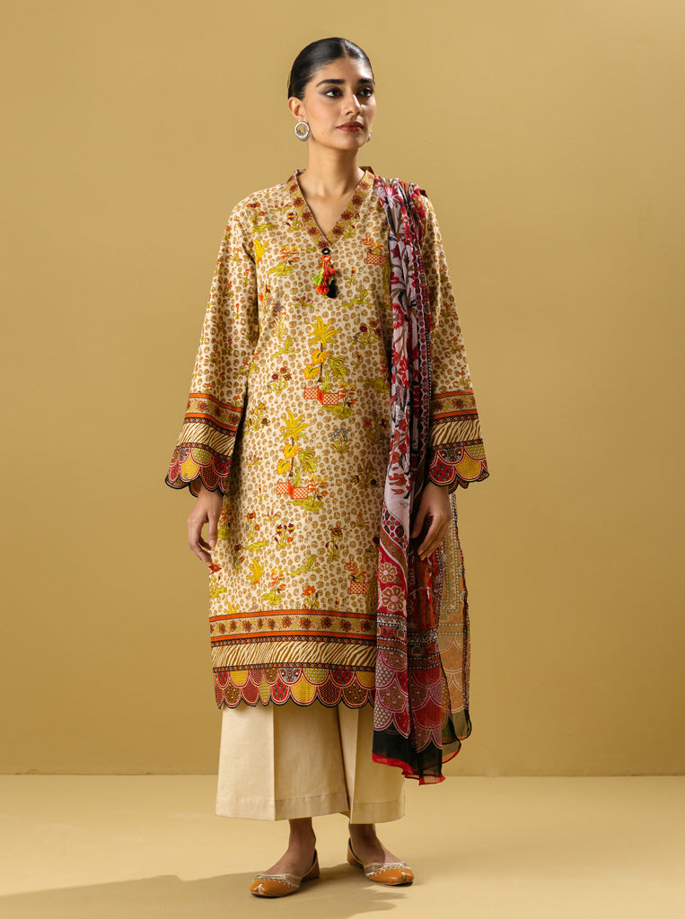 3 Piece - Printed Khaddar Suit - Limeade