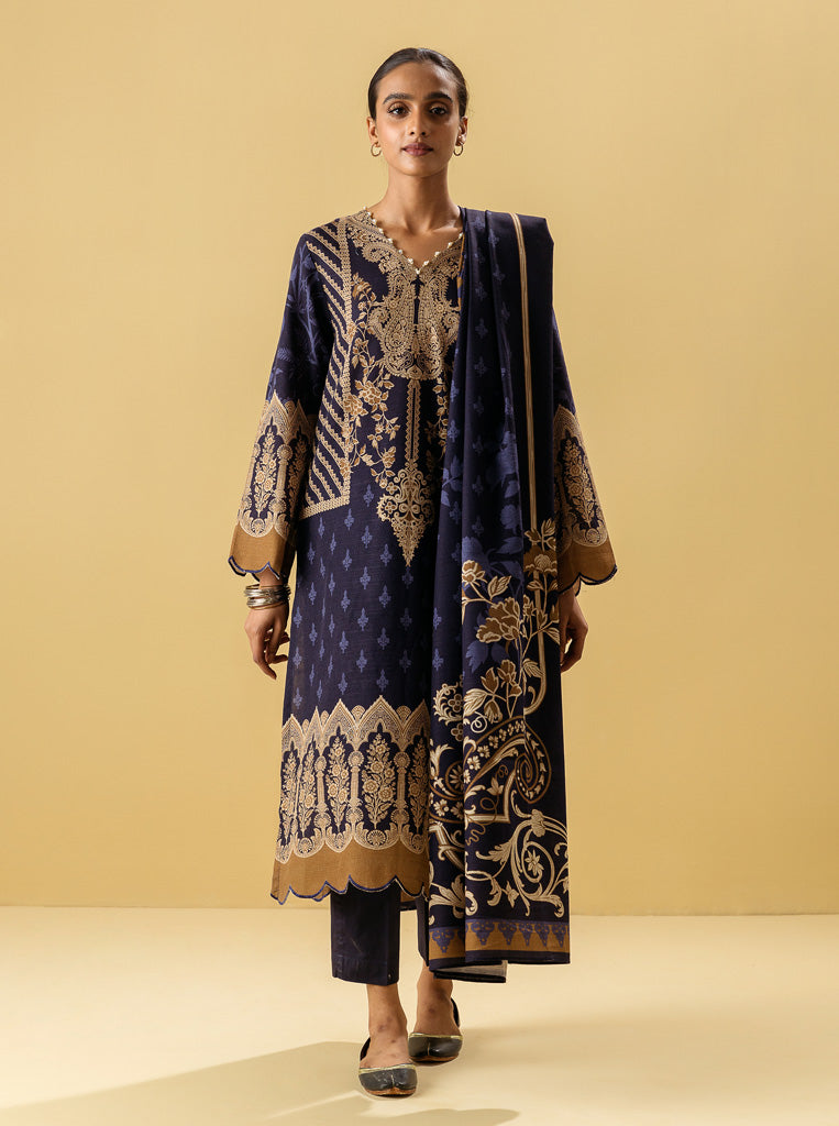 3 Piece - Printed Khaddar Suit - Royal Greem