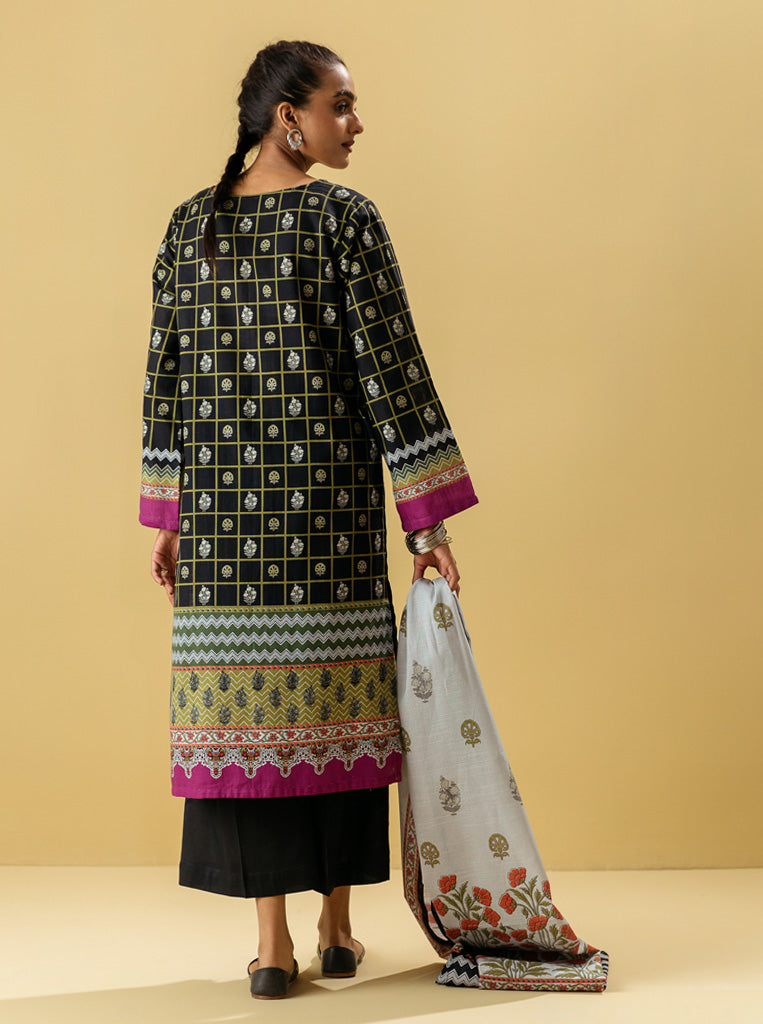 3 Piece - Printed Khaddar Suit - Blooming Black