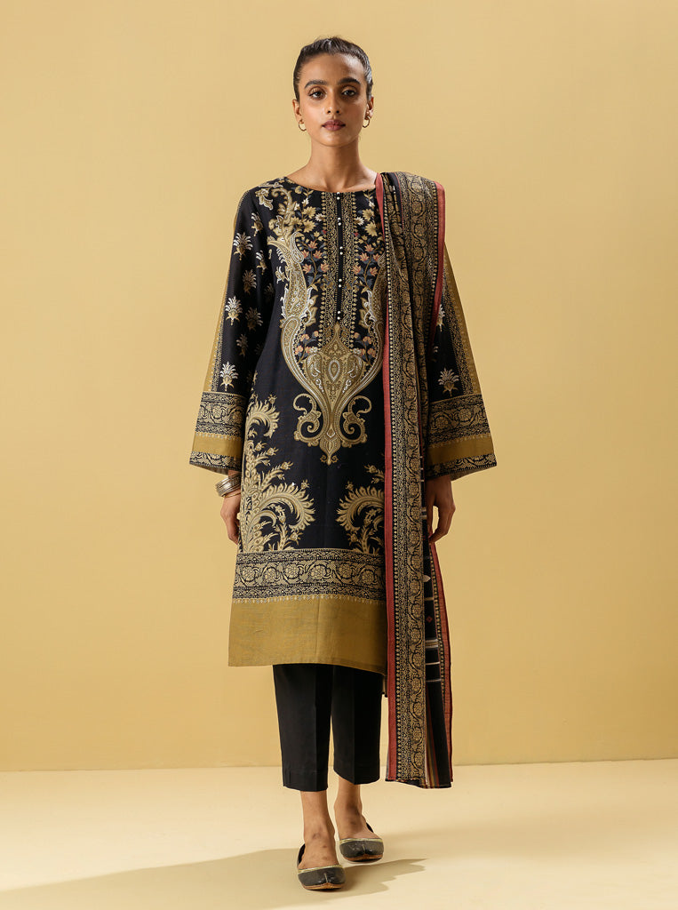 3 Piece - Printed Khaddar Suit - Oriental Black