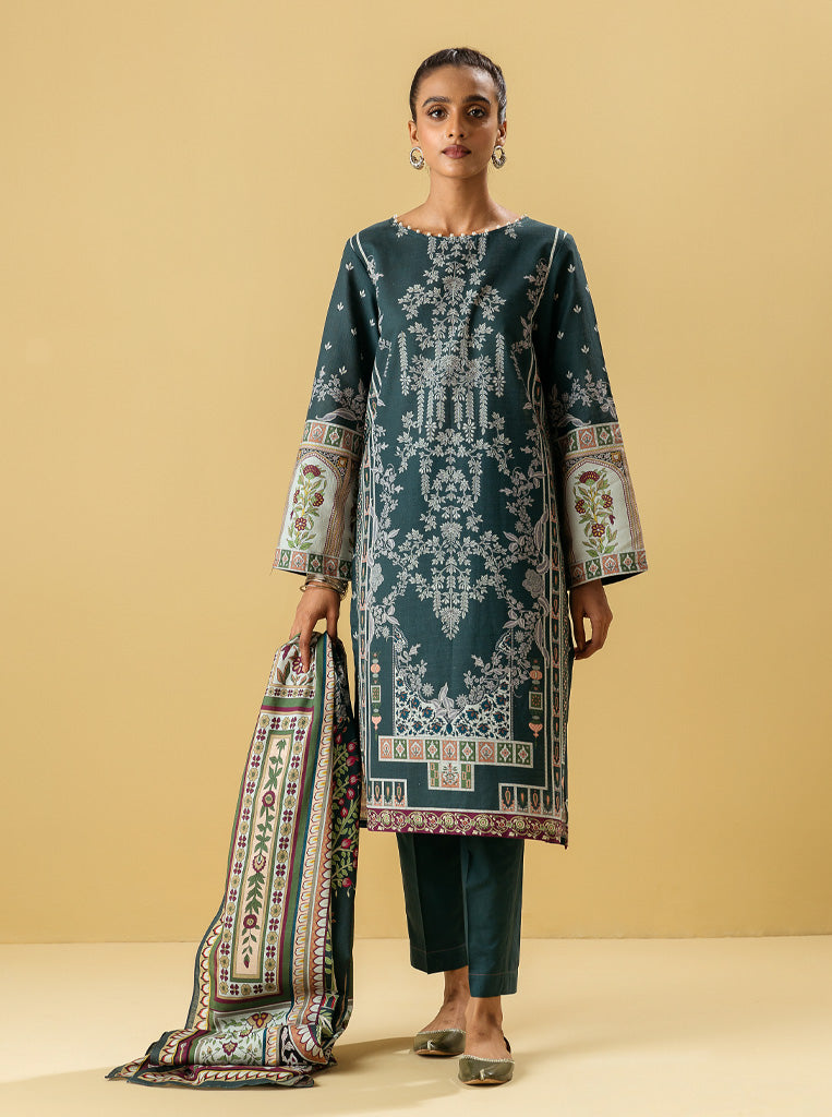 3 Piece - Printed Khaddar Suit - Teal Treasore