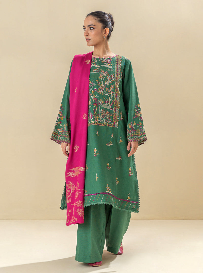3 Piece - Embroidered Khaddar Suit - Satin Moss