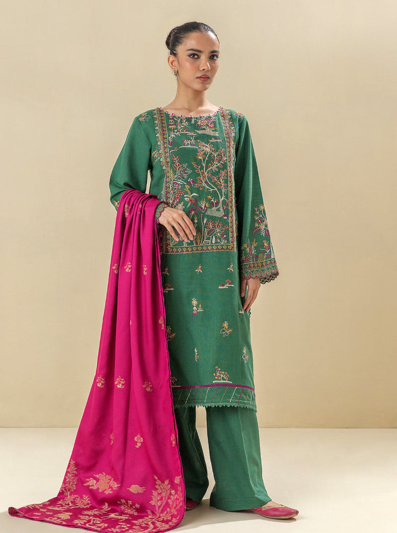3 Piece - Embroidered Khaddar Suit - Satin Moss