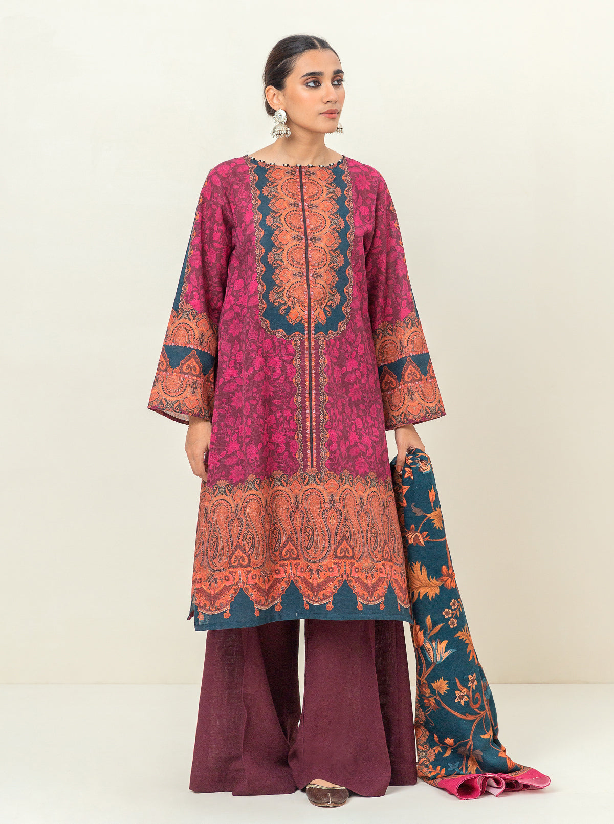 3 Piece Printed Khaddar Suit-Vintage Paisley (Unstitched)