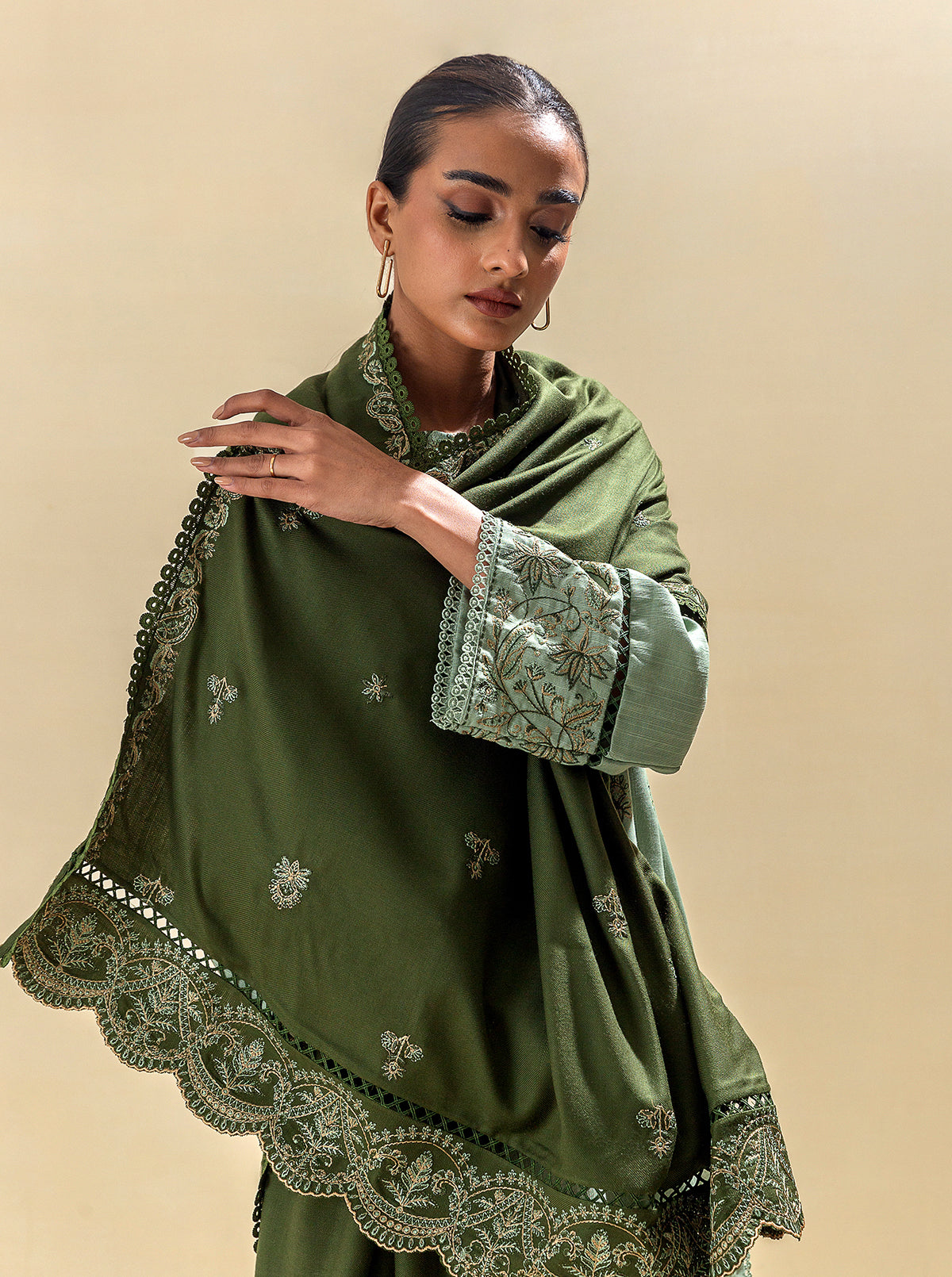 3 Piece - Embroidered Khaddar Suit With Embroidered Shawl - Mossy Magic
