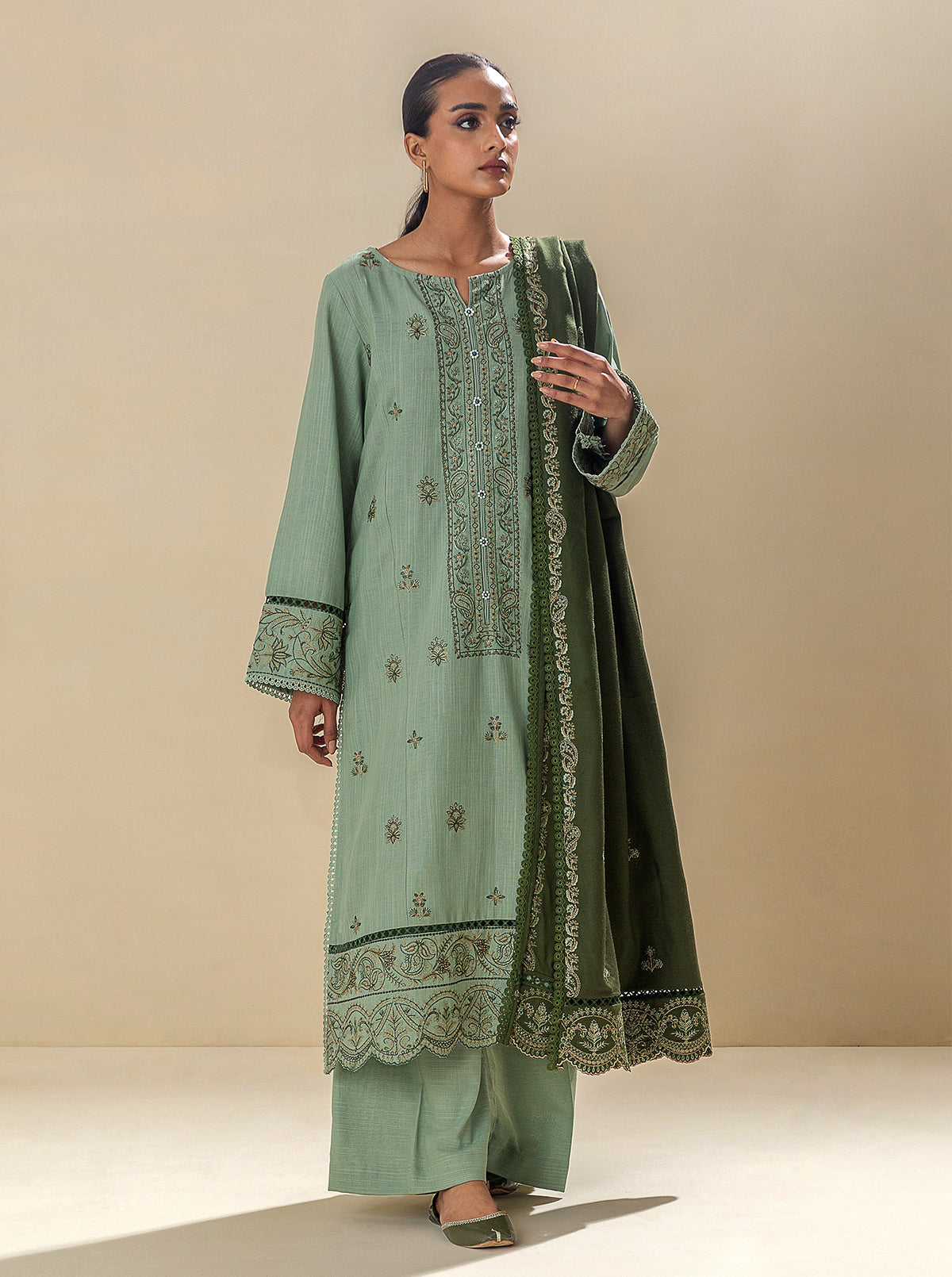 3 Piece - Embroidered Khaddar Suit With Embroidered Shawl - Mossy Magic