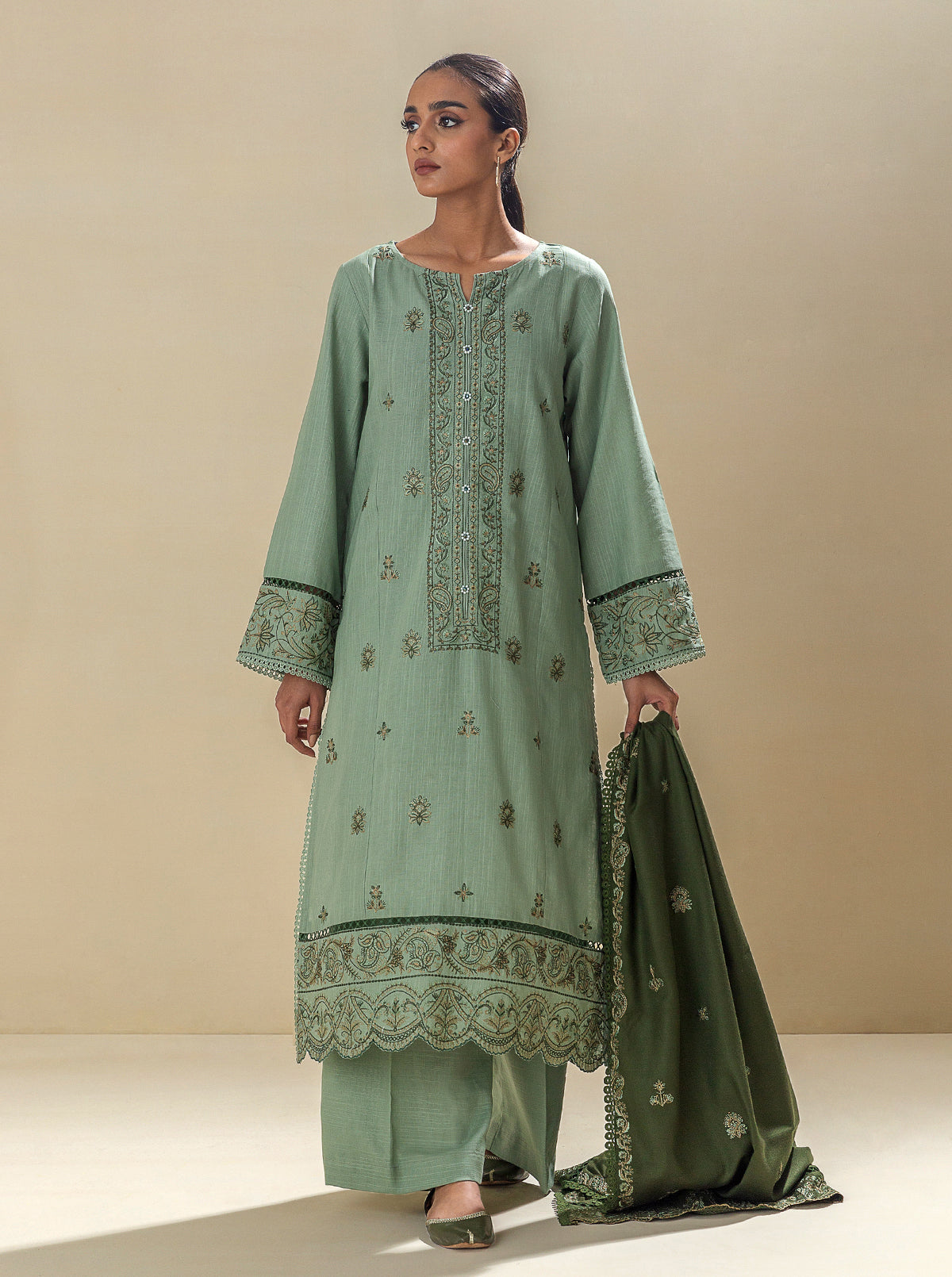 3 Piece - Embroidered Khaddar Suit With Embroidered Shawl - Mossy Magic