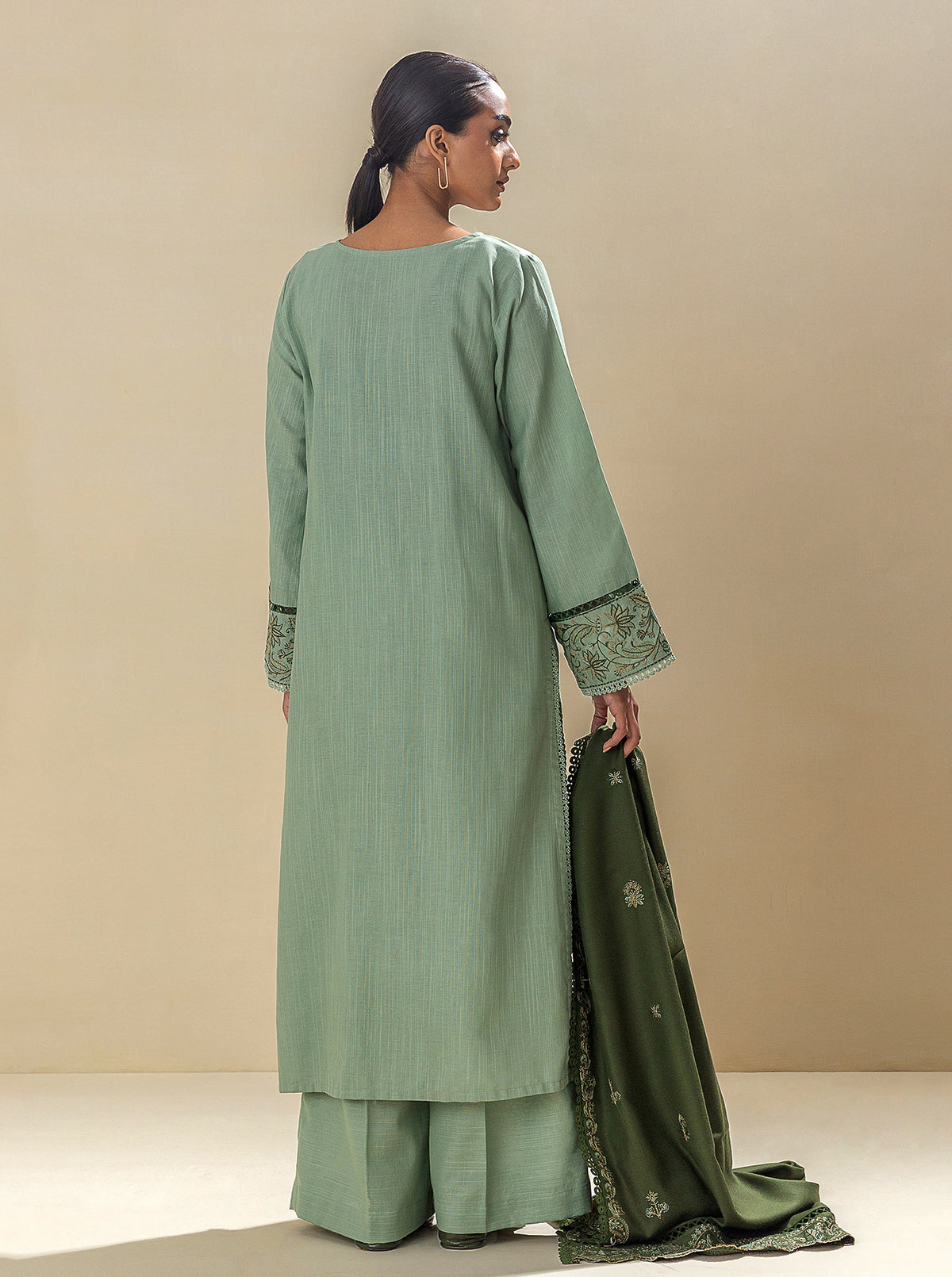3 Piece - Embroidered Khaddar Suit With Embroidered Shawl - Mossy Magic