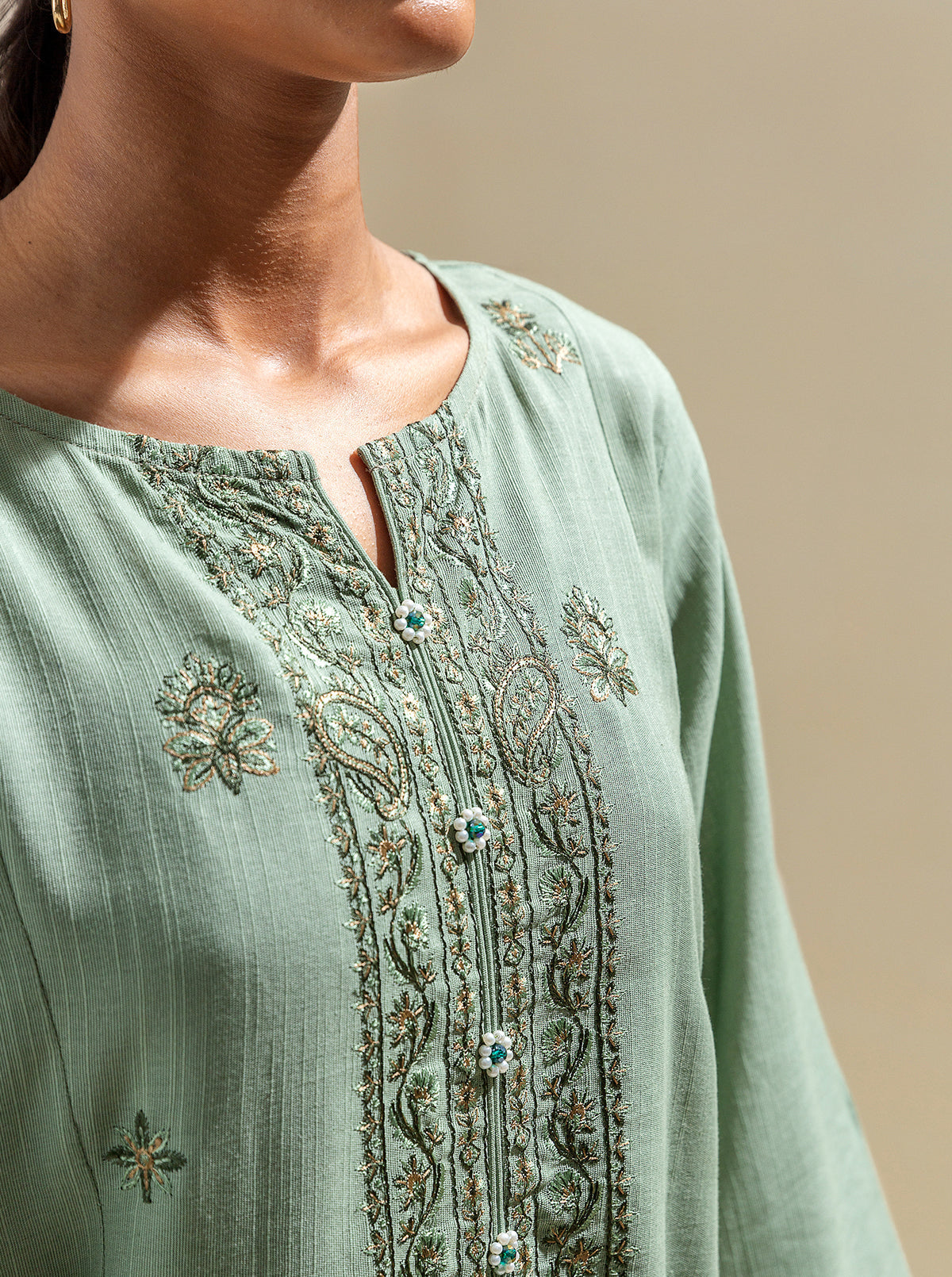 3 Piece - Embroidered Khaddar Suit With Embroidered Shawl - Mossy Magic