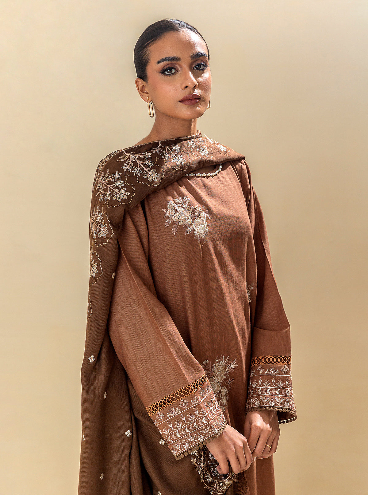 3 Piece - Embroidered Khaddar Suit With Embroidered Shawl - Earthy Hues