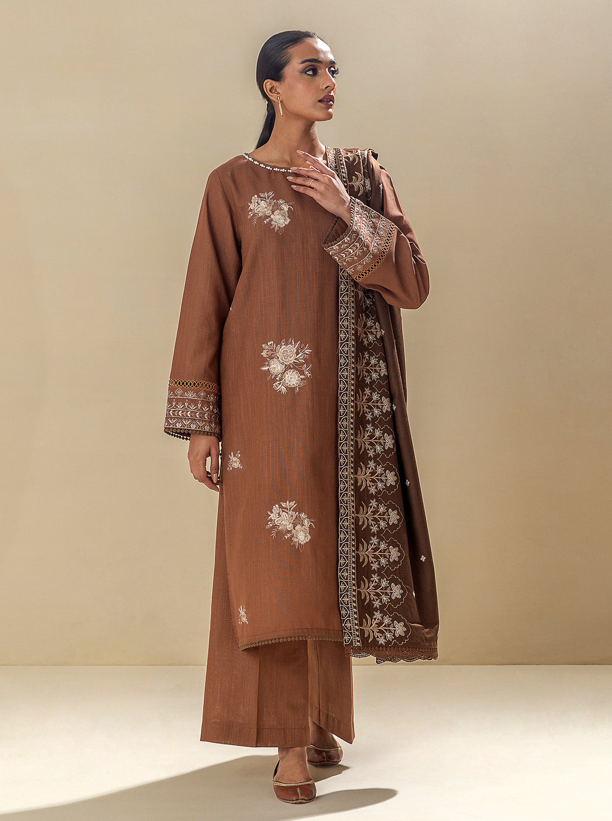 3 Piece - Embroidered Khaddar Suit With Embroidered Shawl - Earthy Hues