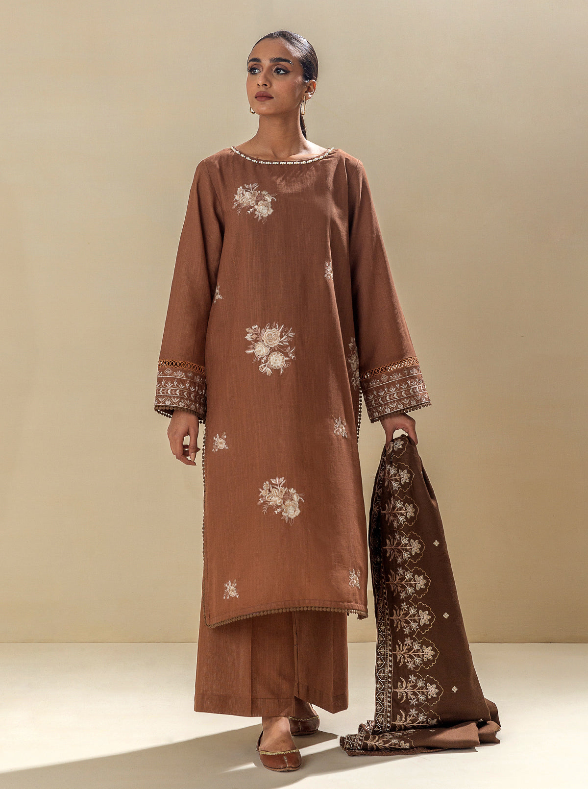 3 Piece - Embroidered Khaddar Suit With Embroidered Shawl - Earthy Hues