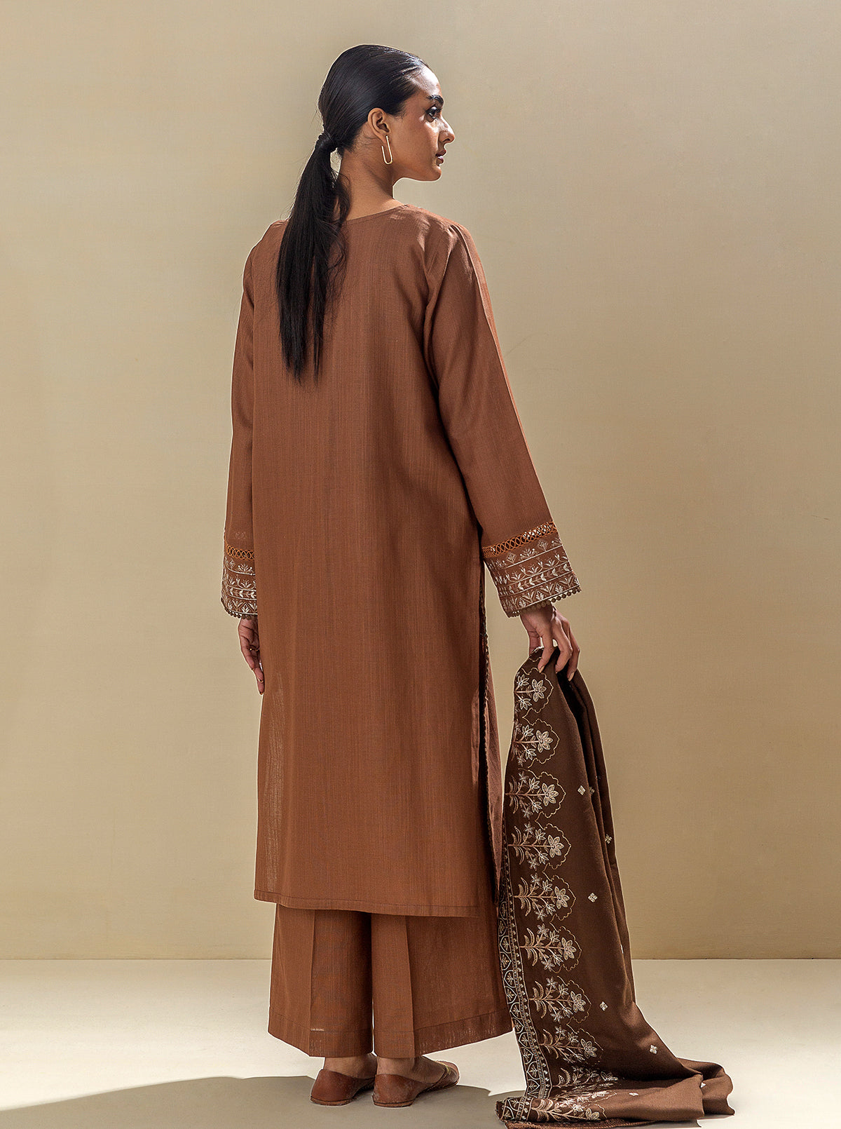3 Piece - Embroidered Khaddar Suit With Embroidered Shawl - Earthy Hues