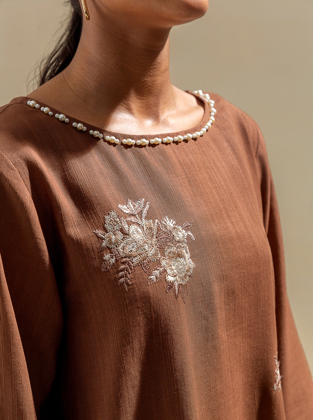 3 Piece - Embroidered Khaddar Suit With Embroidered Shawl - Earthy Hues