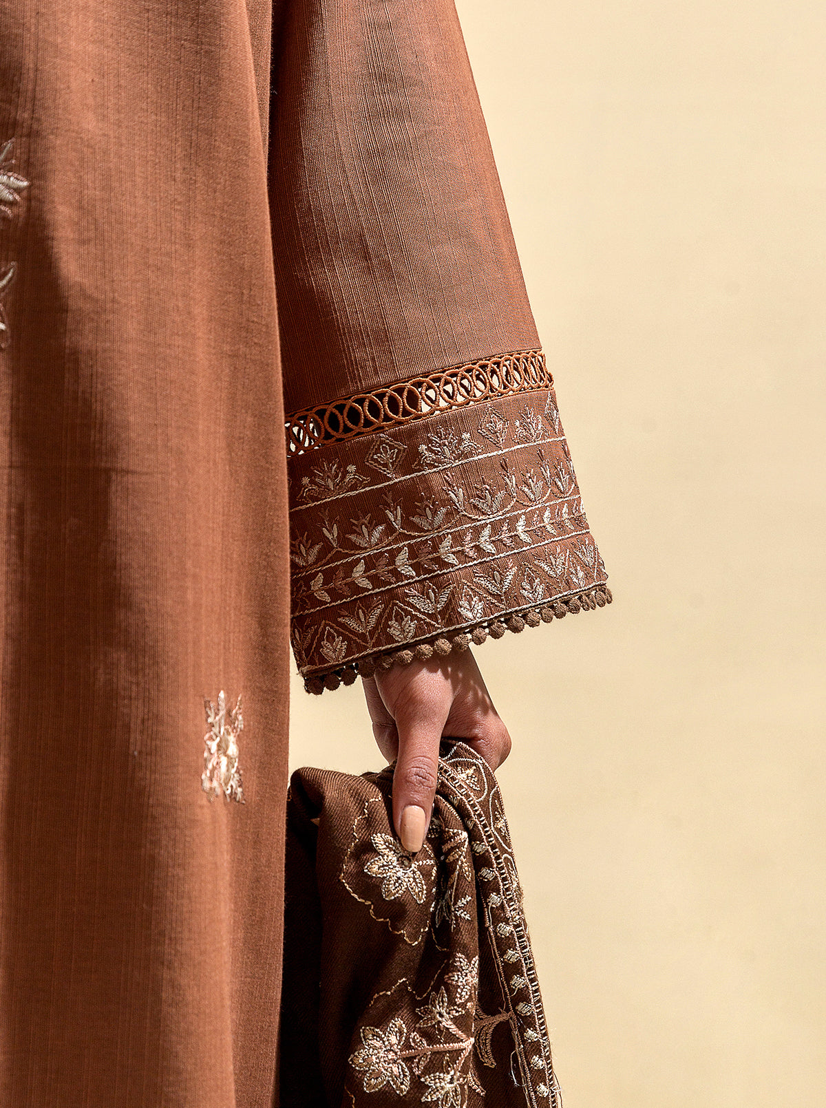 3 Piece - Embroidered Khaddar Suit With Embroidered Shawl - Earthy Hues