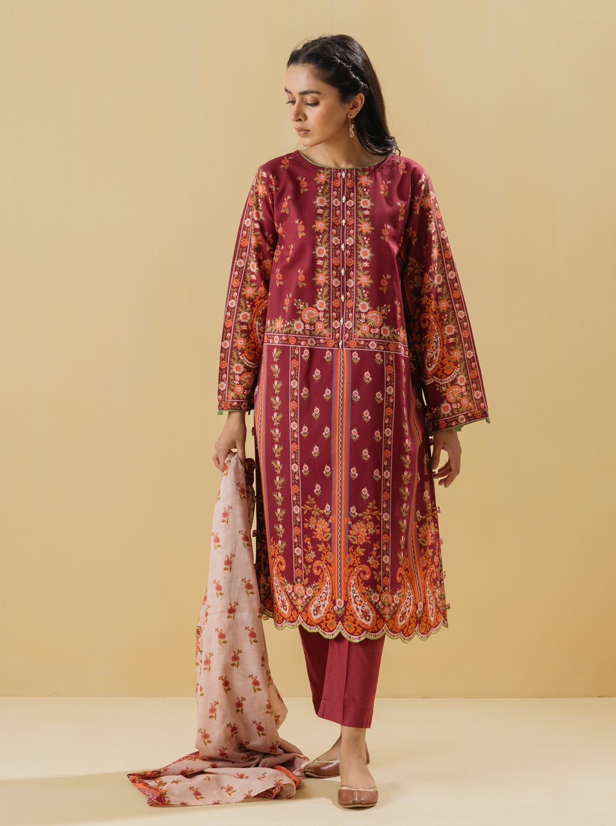 3 Piece - Printed Lawn Suit - Crimson Blush