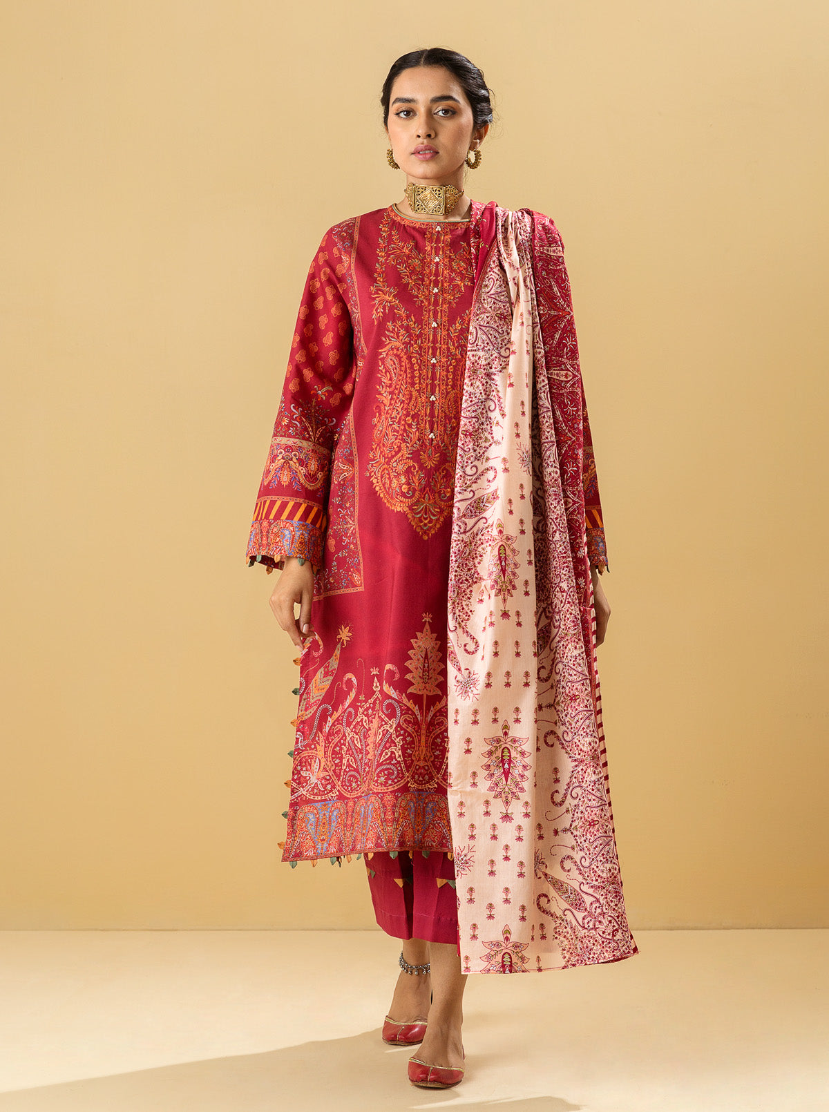3 Piece - Embroidered Lawn Suit - Oriental Red
