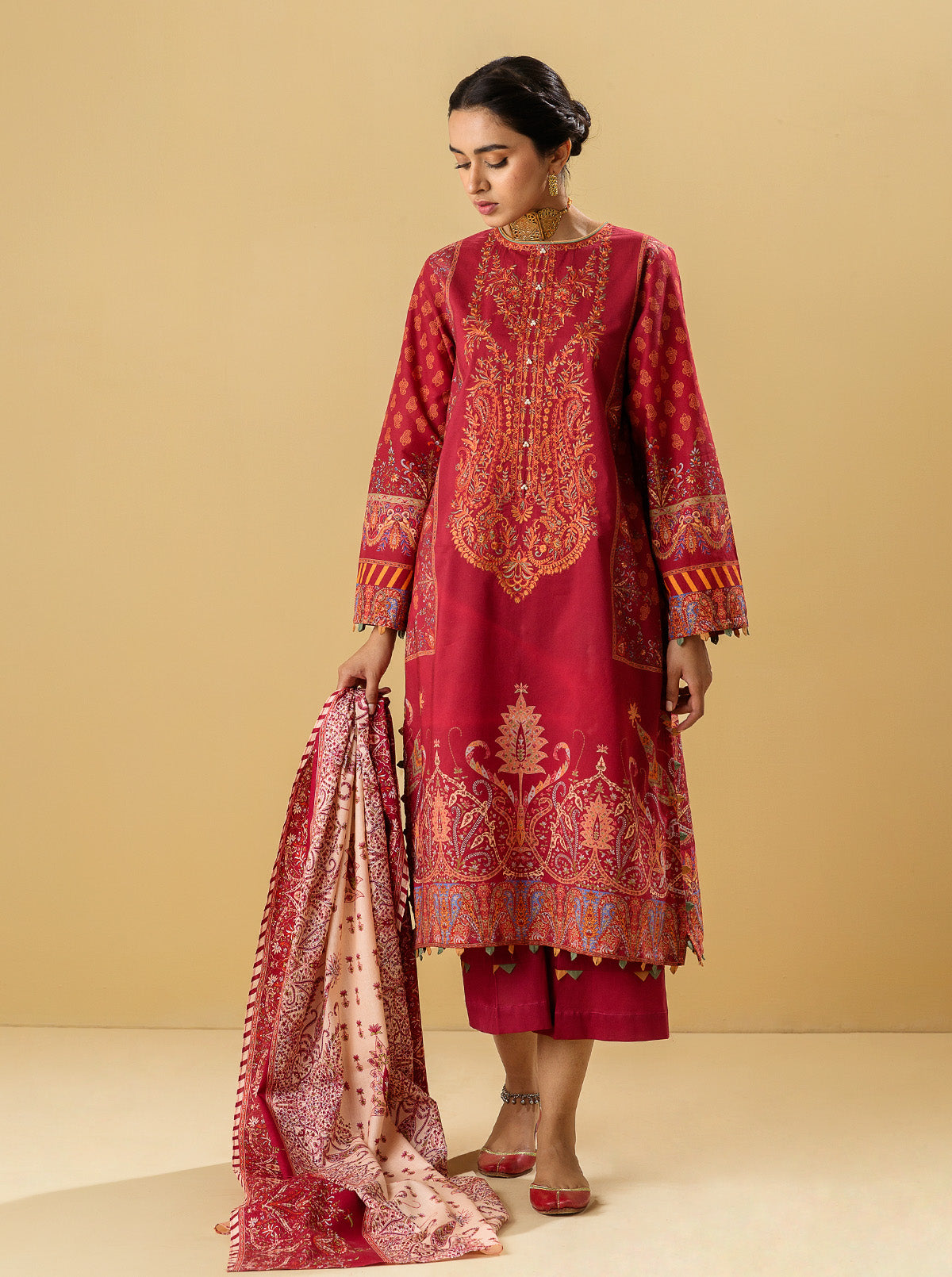 3 Piece - Embroidered Lawn Suit - Oriental Red