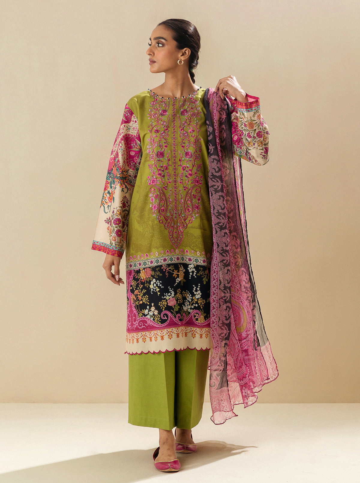 3 Piece - Embroidered Lawn Suit - Lime Twist