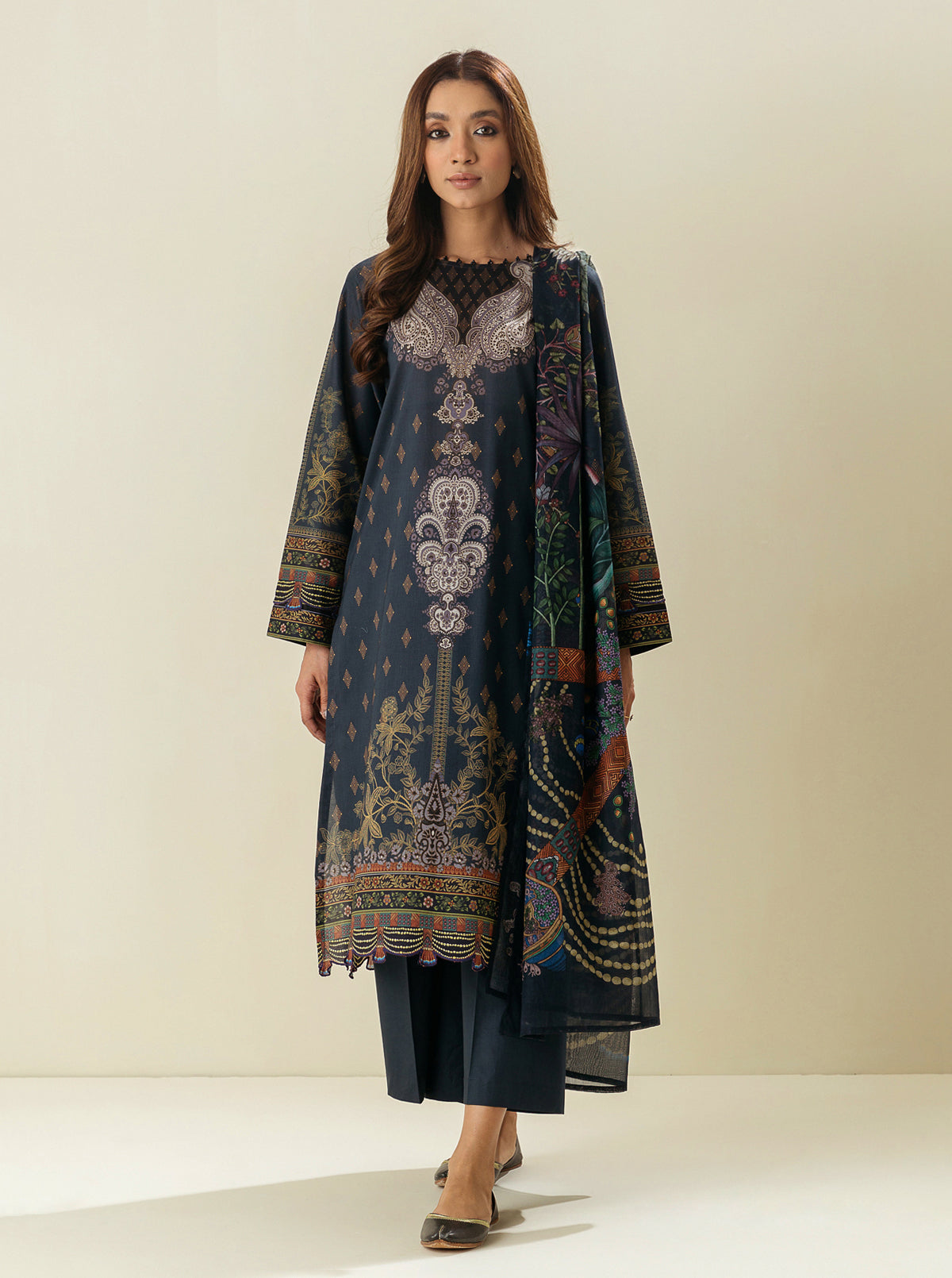 3 Piece - Printed Lawn Suit - Odyssey Grey