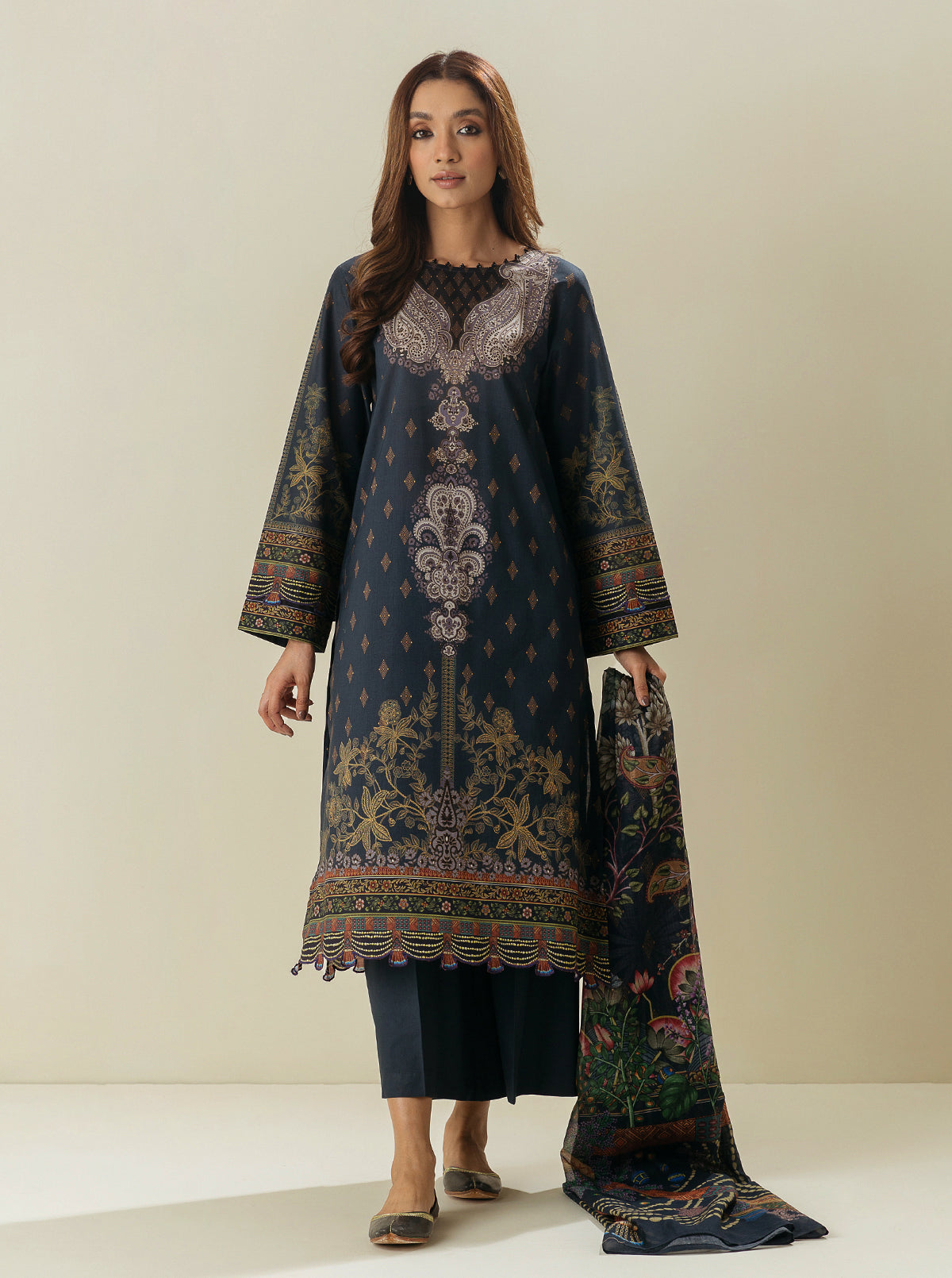 3 Piece - Printed Lawn Suit - Odyssey Grey