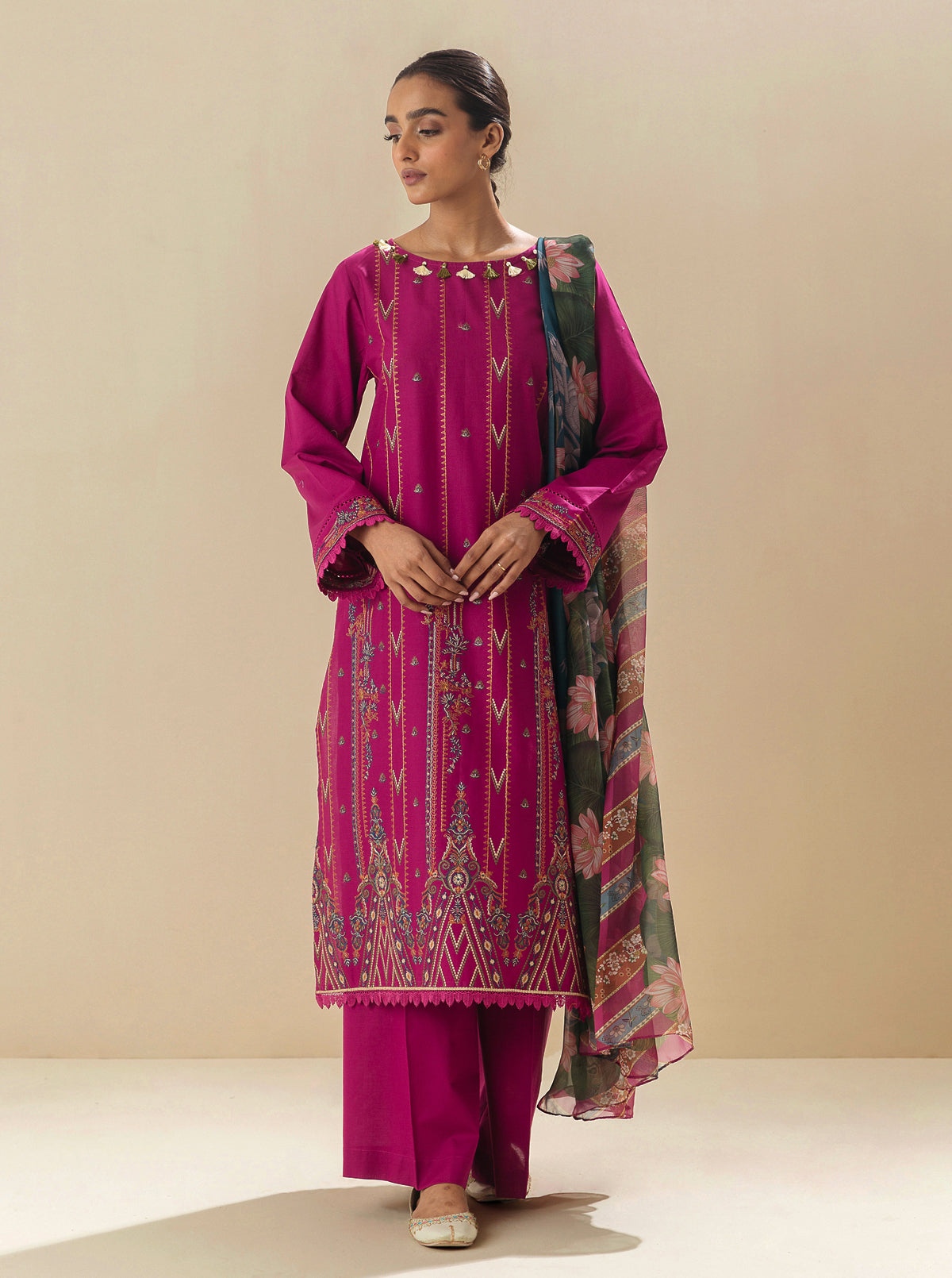 3 Piece - Embroidered Lawn Suit - Viva Magenta