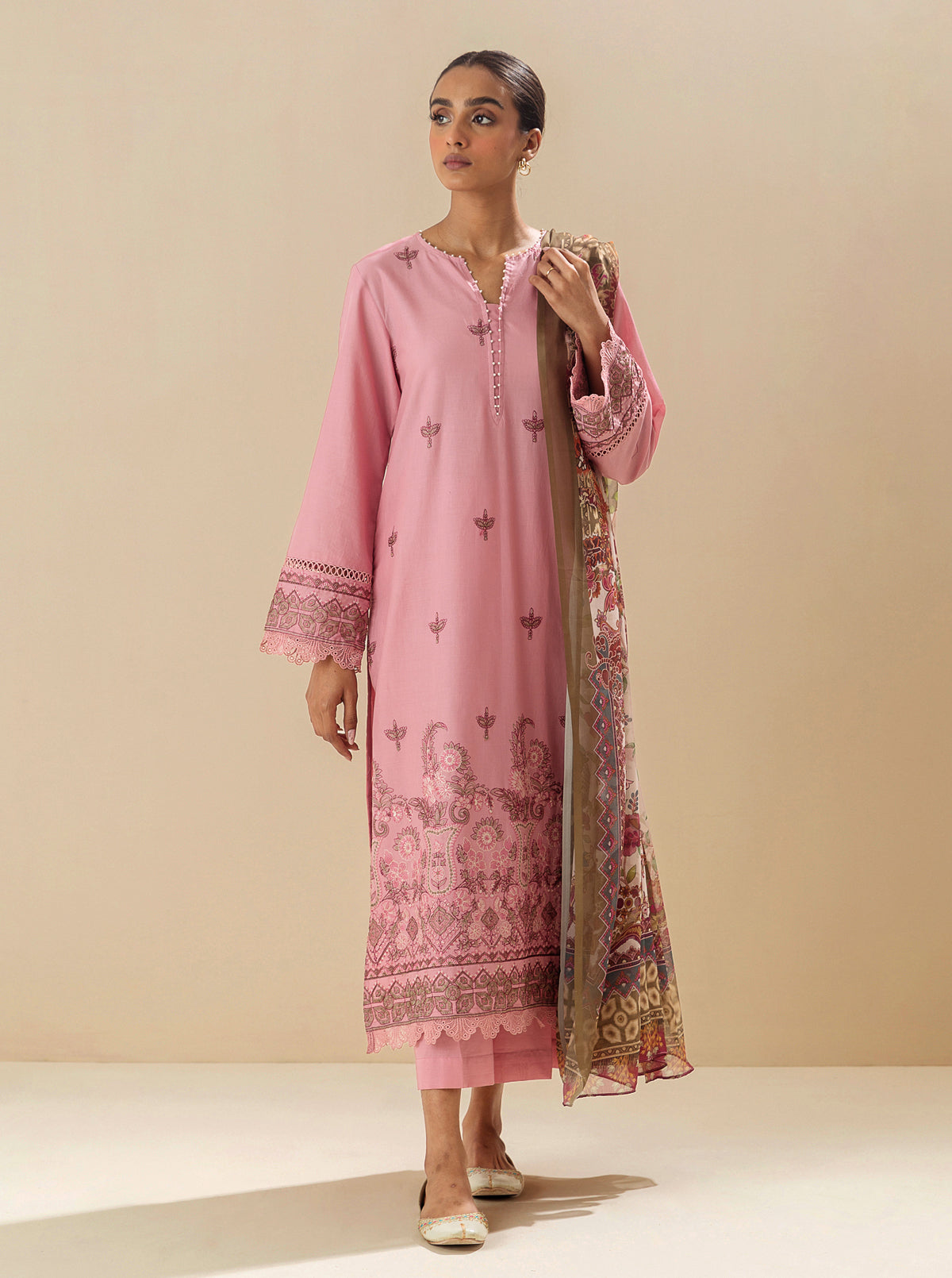 3 Piece - Embroidered Lawn Suit - Candied Apricot
