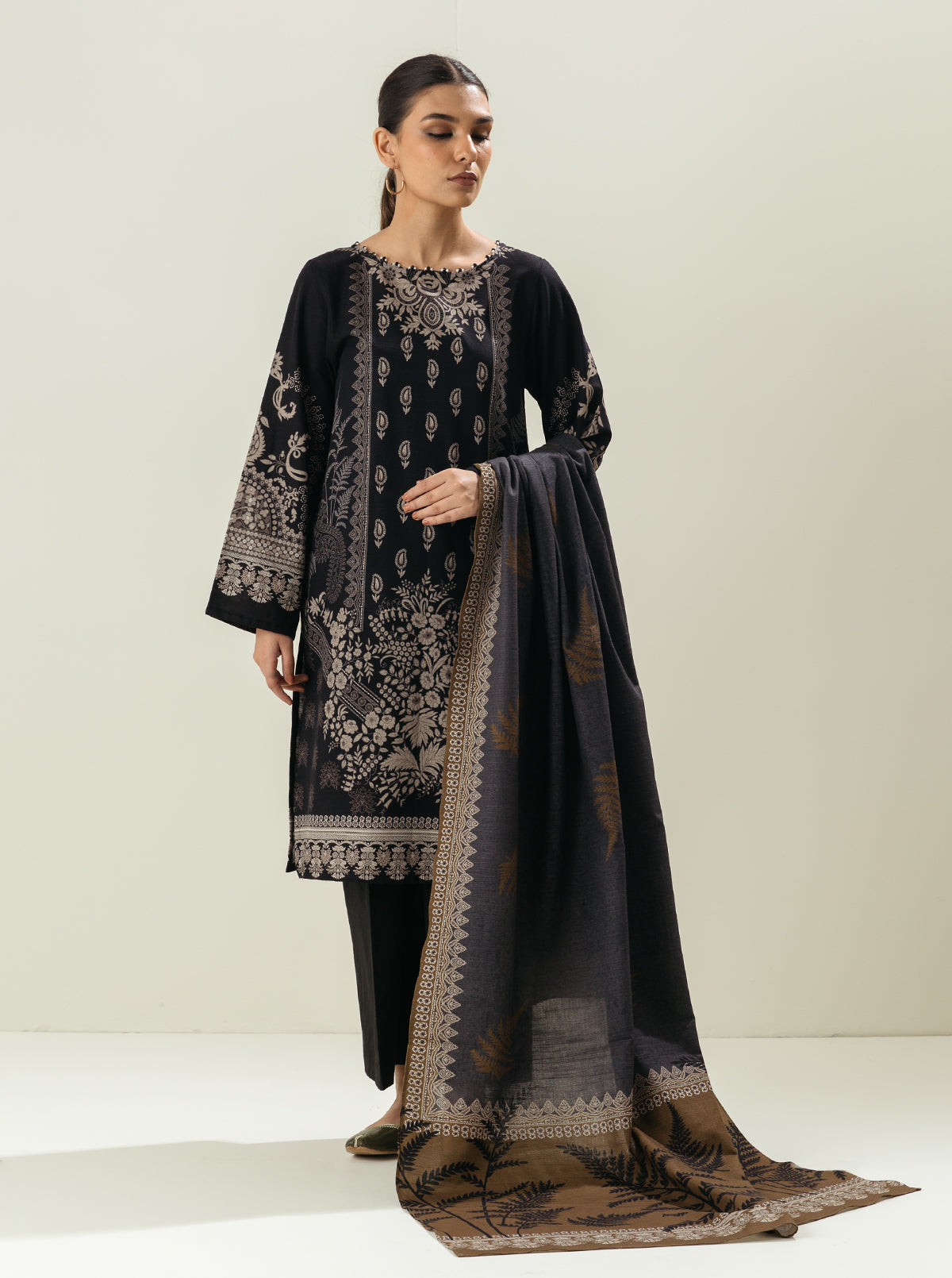 2 Piece - Printed Khaddar Suit - Web Black