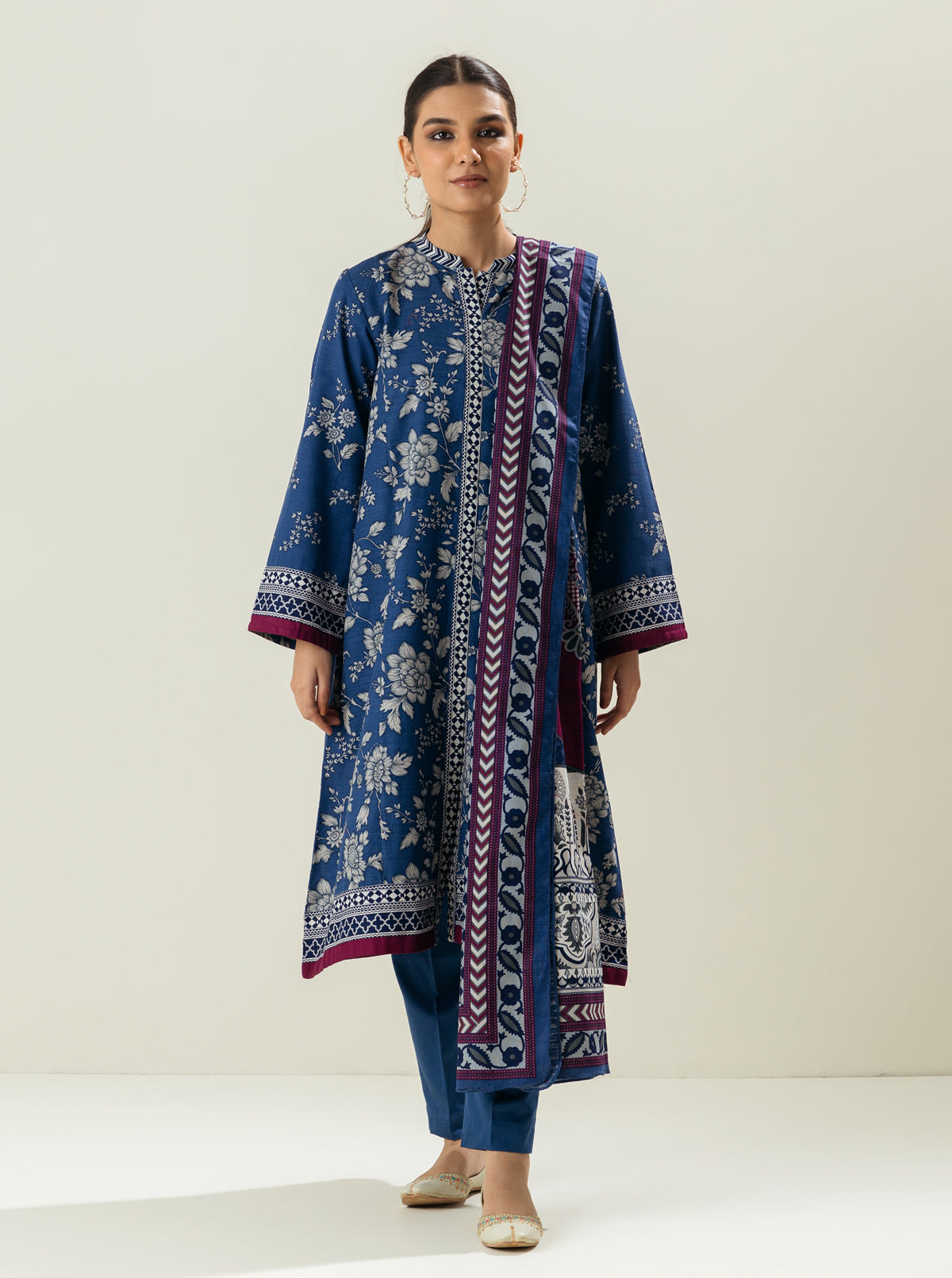 3 Piece - Printed Khaddar Suit - Chivalry Blue