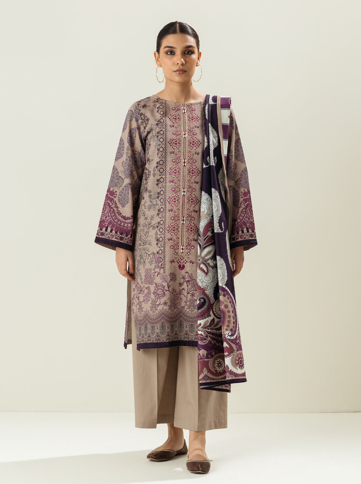 3 Piece - Embroidered Khaddar Suit - Cottage Cream
