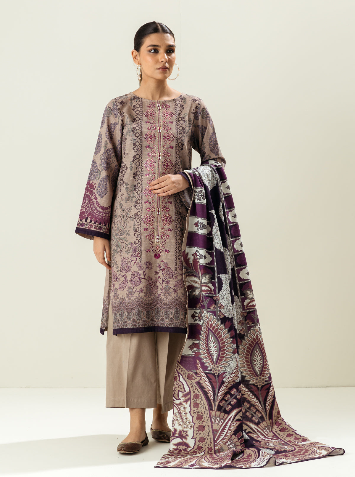 3 Piece - Embroidered Khaddar Suit - Cottage Cream
