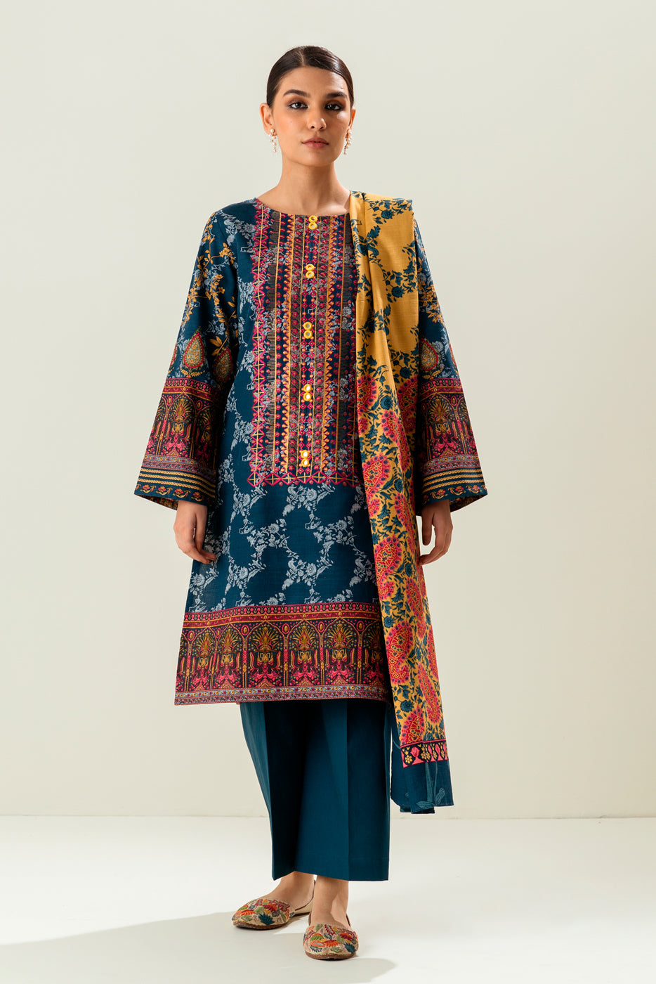 3 Piece - Embroidered Khaddar Suit - Denim