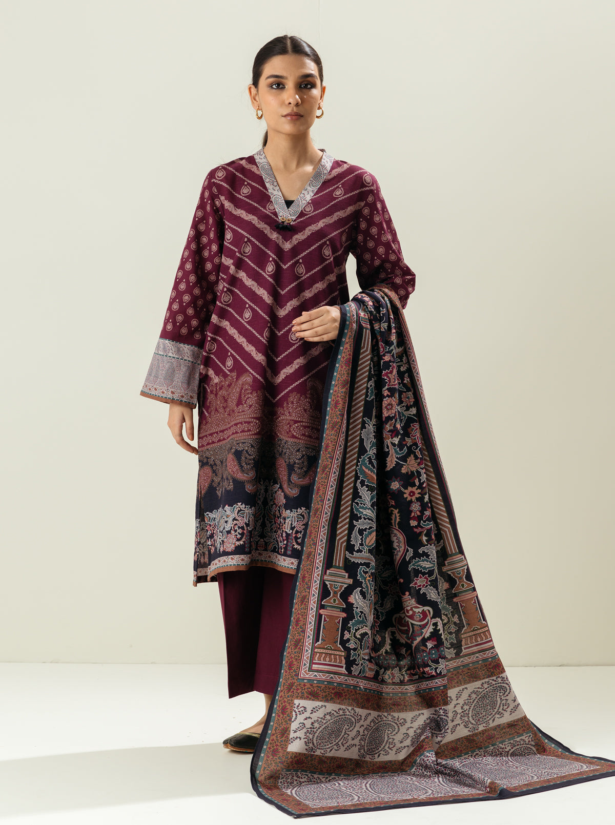3 Piece - Printed Khaddar Suit - Dried Thyme