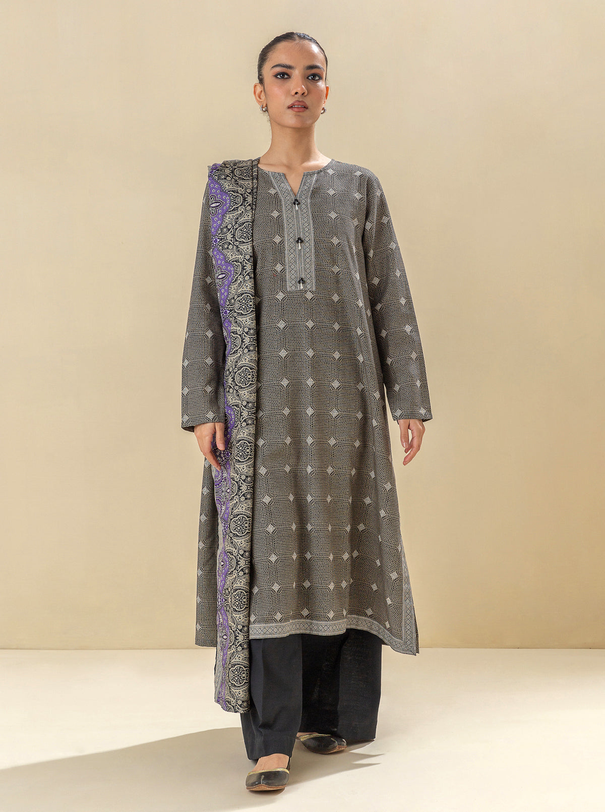 3 Piece - Printed Khaddar Suit - Accent Zone