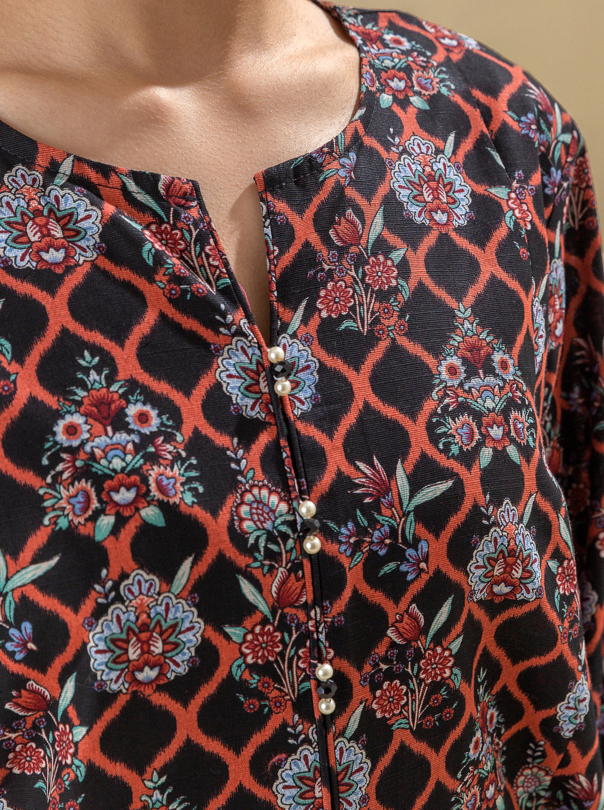 2 Piece - Printed Khaddar Suit With Herringbone Shawl - Ebony Sunrise